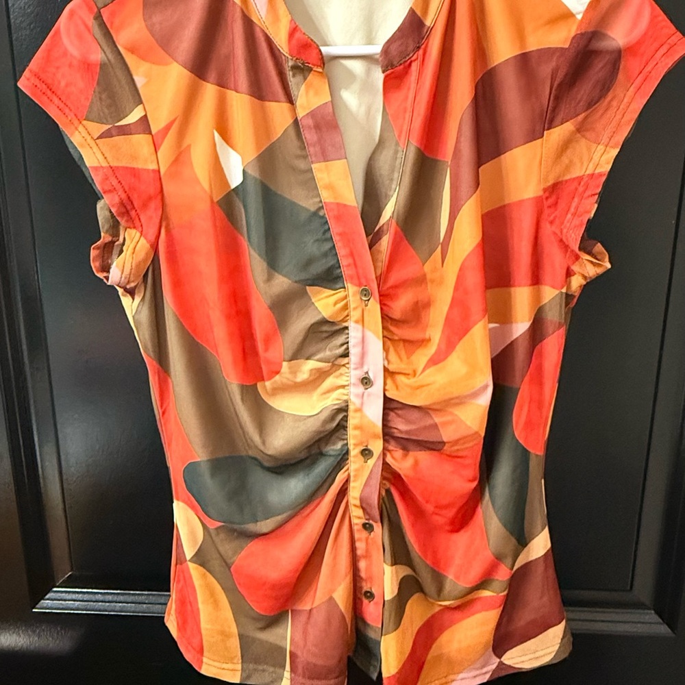DR2 Orange Red Ruched Cap Sleeve Mandarin Collar Blouse